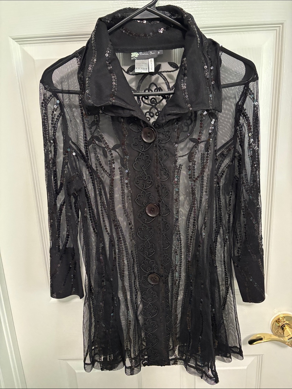 INC International Concepts Black Sheer Sequin Button-Down Top